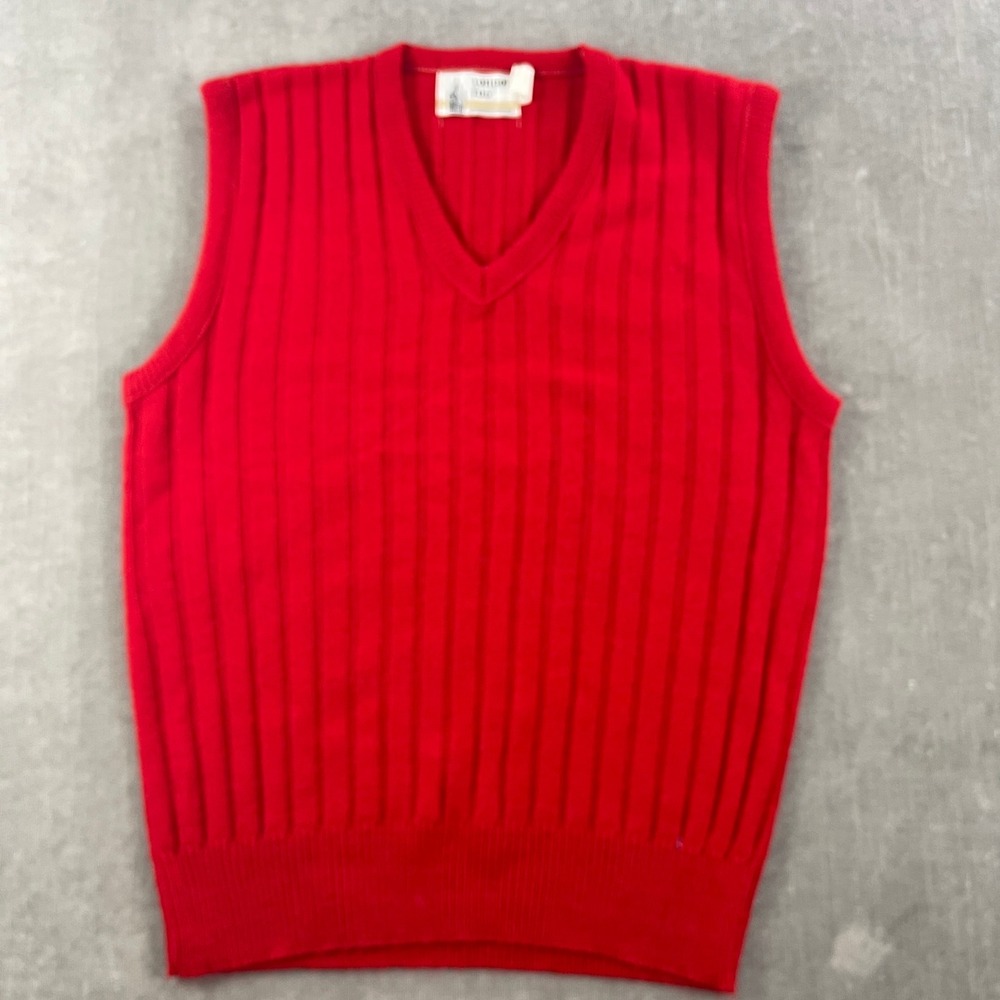 London Fog Mens Medium Red Sweater Vest Ribbed V-Neck Acrylic Vintage